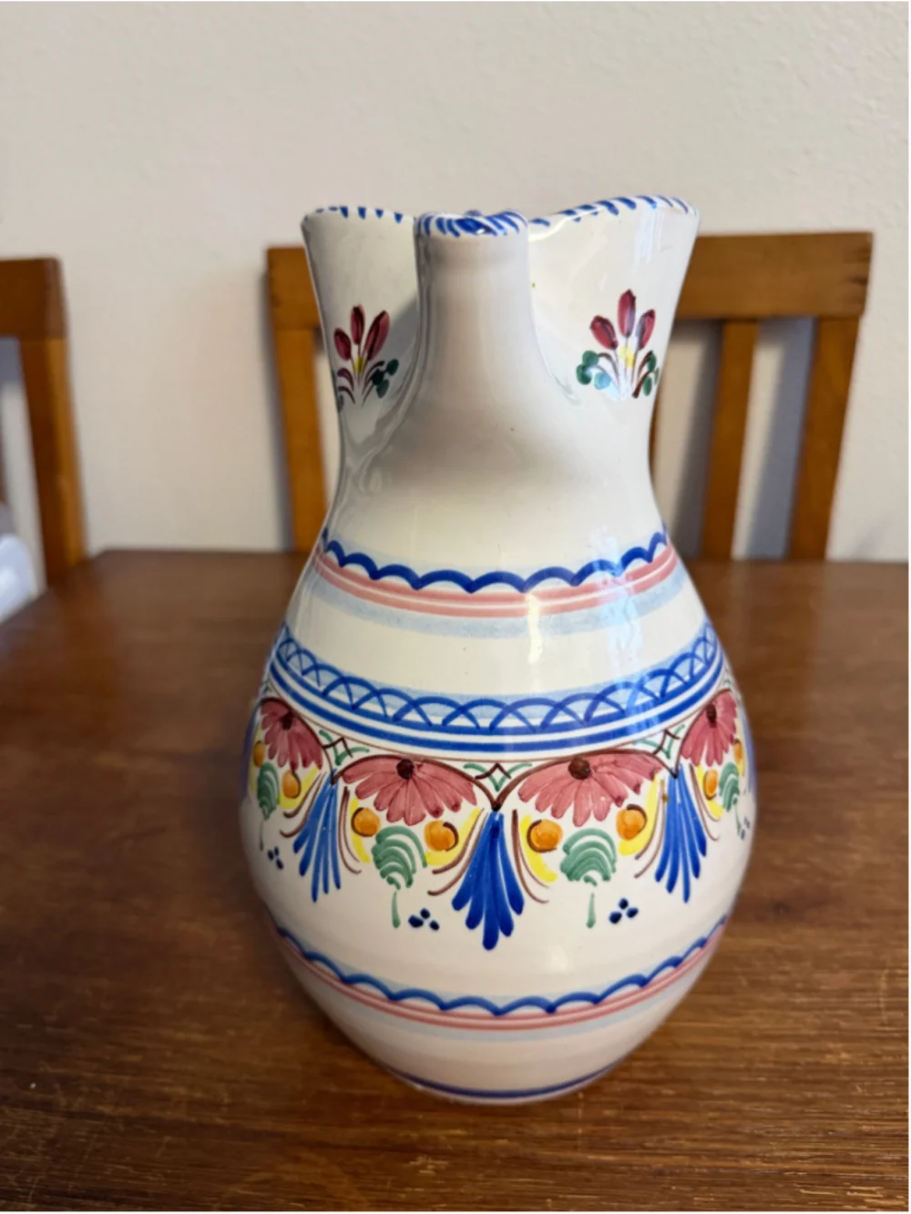 Vintage A H Puente Hand Painted Spanish Pottery Pitcher Floral Ceramic Jug Signe